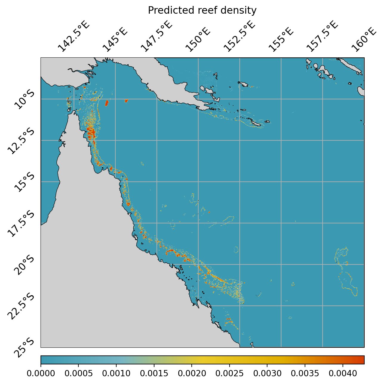 Prediction of reef distribtuion by machine learning model (similar to observed).