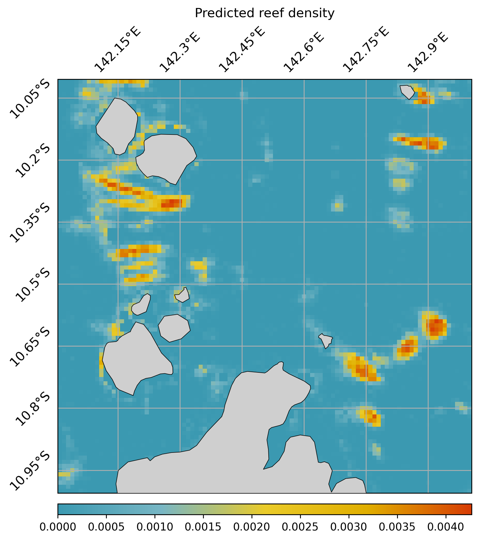 Prediction of reef distribtuion by machine learning model (similar to observed).